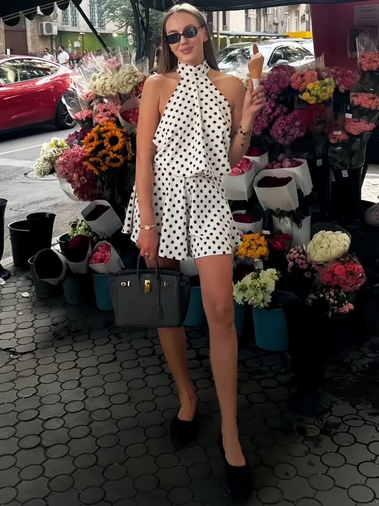 Absobe 女性の水玉ルーズショーツ & ジャンプスーツセクシーな背中の開いたノースリーブホルターネックワンピースタンクロンパースカジュアルストリート