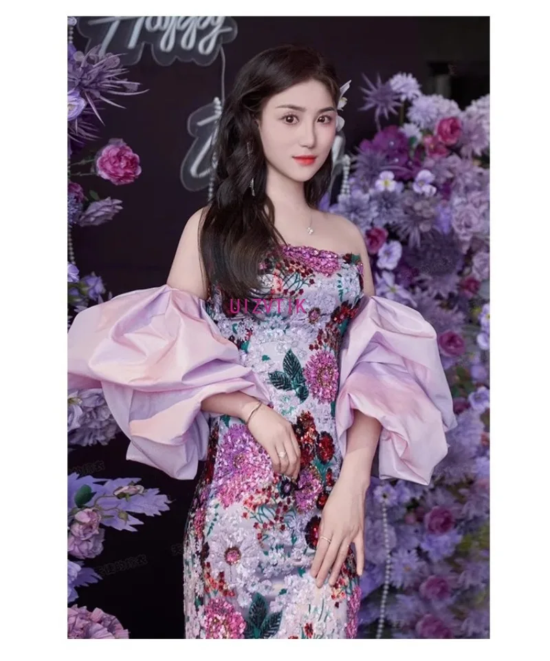 

Elegant Embroidery Long Party Evening Dresses for Women New Puff Sleeves Sequined Prom Dress Vintage Strapless Wedding Dresses