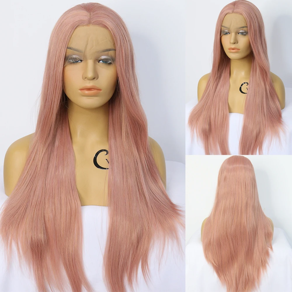

Smoke pink long straight hair, with front lace design, made of high-temperature fiber, matte finish, comfortable and breathable.