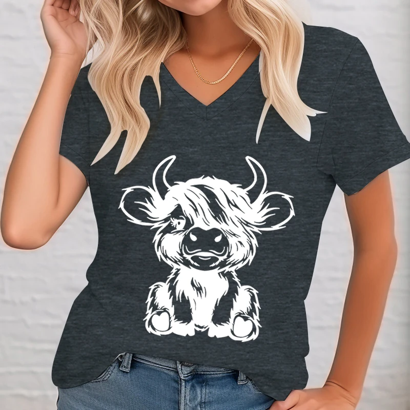 Cows Graphic T Shirts Women Cute Animal Lovers Tops V-neck Cute Highland Cow T-shirt Female Short Sleeve Tee Summer Casual Tops