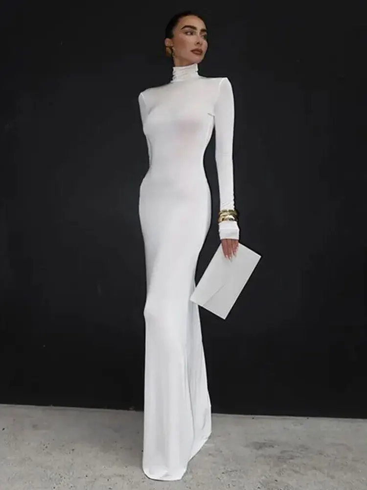 GACVGA Turtleneck Long Sleeve Maxi Dress For Women Gown 2024 Autumn Winter New Sexy Long Dress Femme Fashion Floor-length Dress