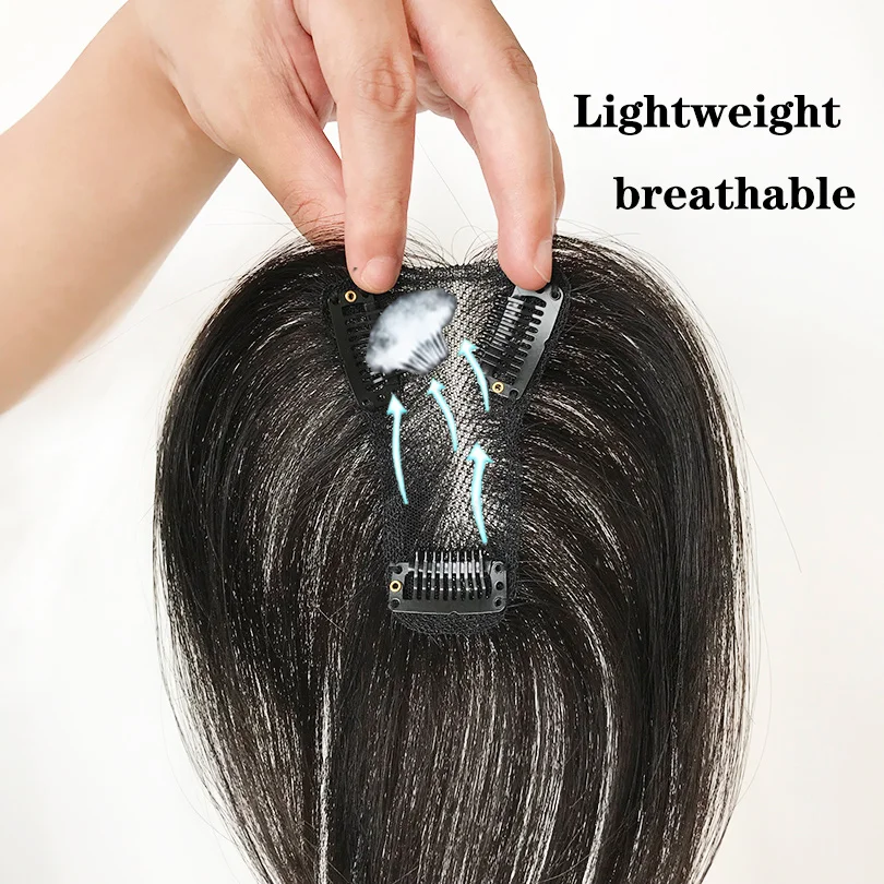 7x10cm Human Hair Toppers with Bang Clips In Black Swiss  display picture 1