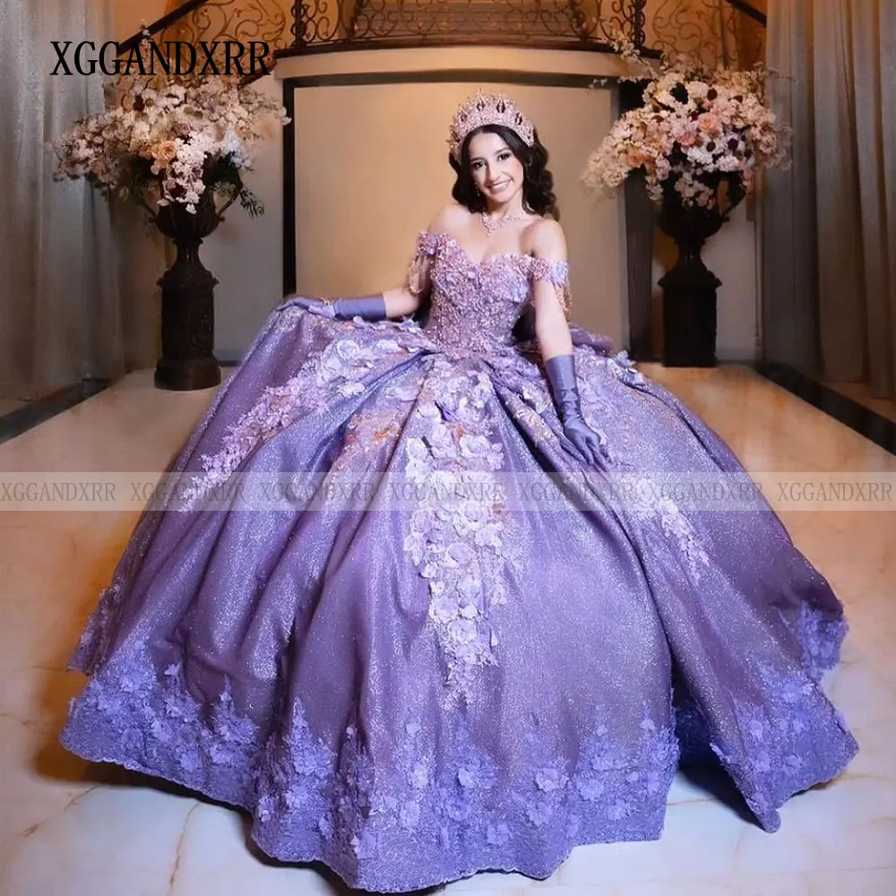 Luxury Purple Sweetheart Quinceanera Dresses 2024 Beads 3D Floral Applique Lace With Cape Sweet 15 Birthday Party Ball Gowns