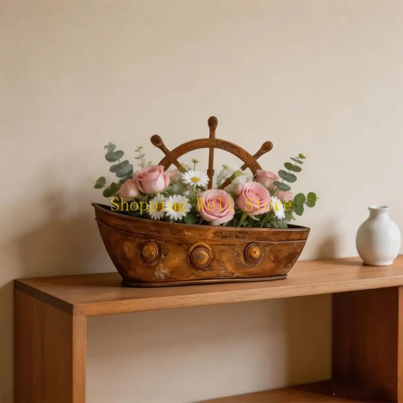 KX4B Metal Boat Flower Pot Decorative Boat Planter for Balcony Shelf Use