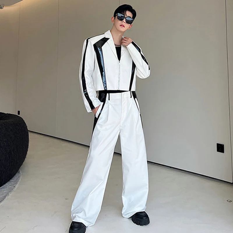 IEFB Korean Style Luxury Sets Niche Male Blazers Pu Leather Spliced Suit Coat Wide Leg Suit Pants Two Piece Tide Menwear 9C1614