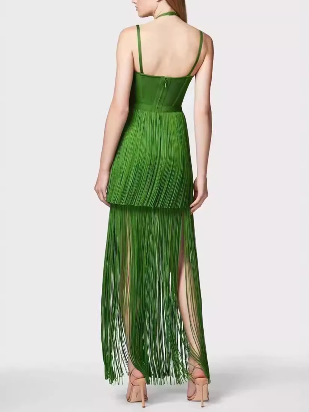 Women Celebrity Luxury Sexy Backless Tassel Green Bandage Long Dress 2024 Bodycon Elegant Evening Club Party Dress