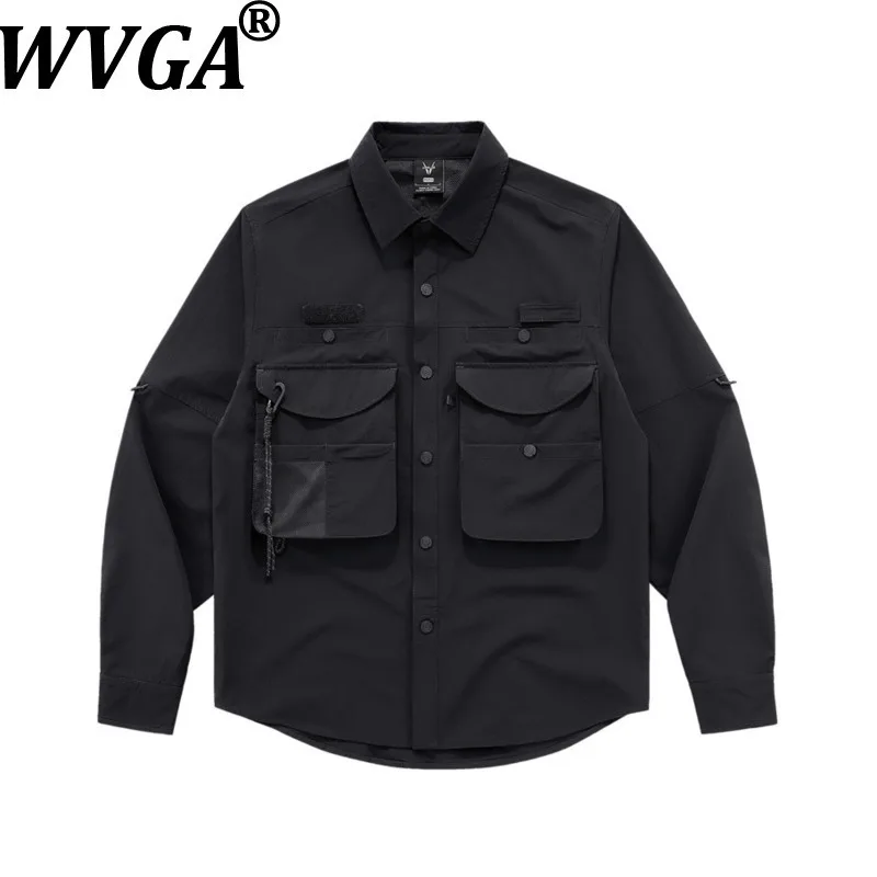 

WVGA Multi-Pocket Dark Long Sleeve Shirt Men Spring Autumn New Techwear Outdoor Drawstring Casual Safari Style Shirt Tops W11879