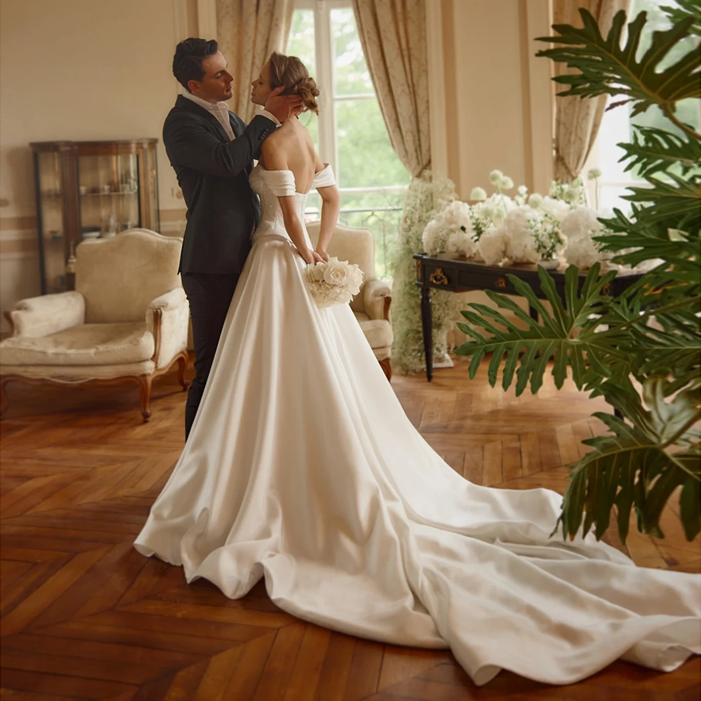 

Sharon Said 2025 Elegant A-Line Satin Off White Wedding Dress Off Shoulder Court Train Princess Bridal Gowns SW169 Customized