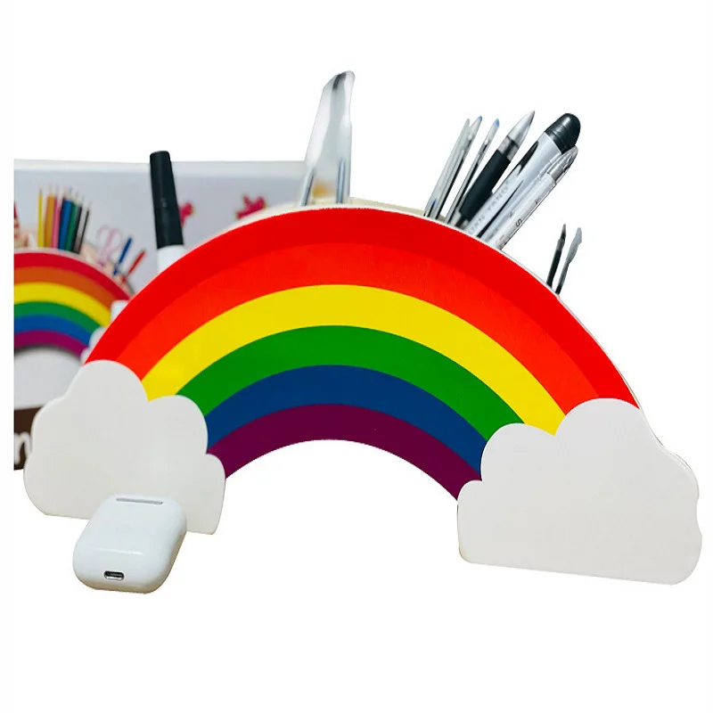 Desk Organizer Wooden Pen Pencil Holder-Rainbow Desktop Stationery Organizer Cute Rainbow Pencil Holder For Girls