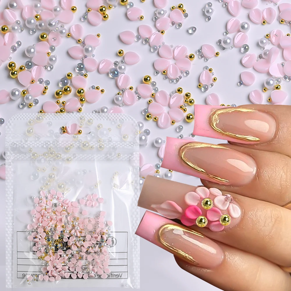 

150pcs Pink Acrylic Flower Petals Nail Art Charms 3D White Pearl Ball Gold Caviar beads Nail Decoration Y2K Manicure Accessories