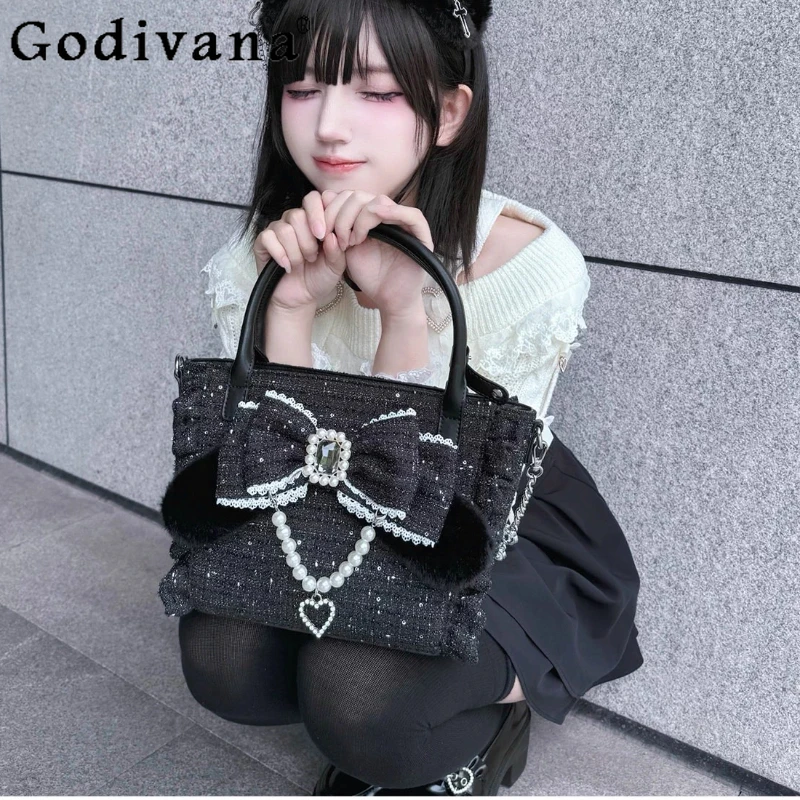 

Original Mine Lolita Sweet Cute Handbag Mass-Produced Japanese Bow Beaded Plush Handbag Versatile Kawaii Woolen Crossbody Bag