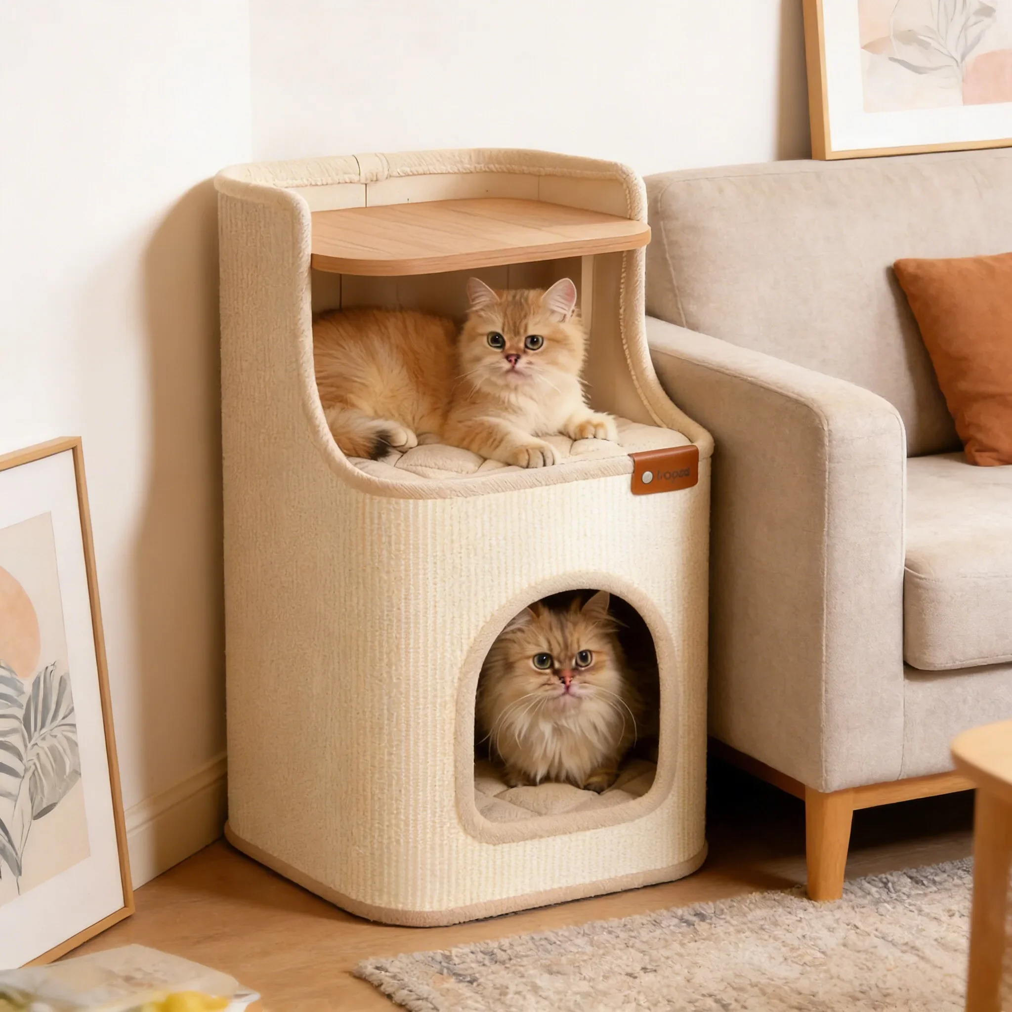 

Cream Style 2 in 1 Cat Bed with Scratcher Integrated Side Table Cabinet All Season Safe Hideaway Cat House Sleep Nest
