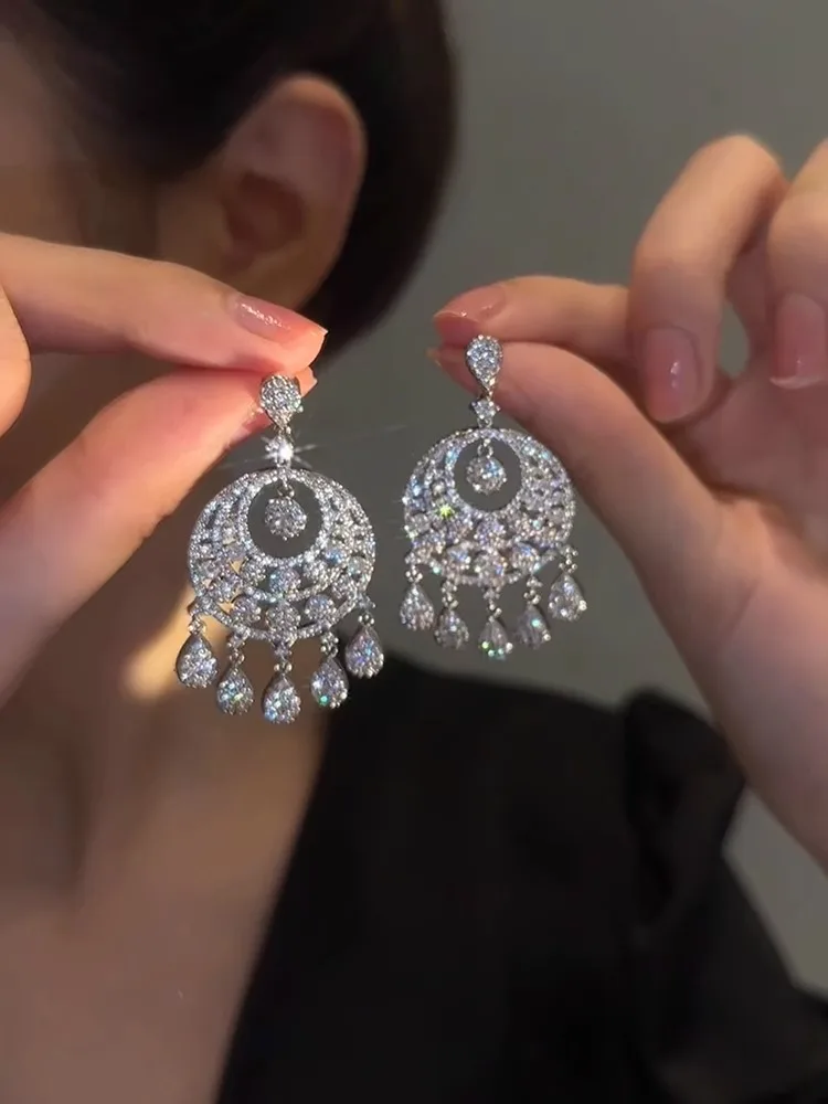 

Retro palace style exaggerated full diamond tassel earrings