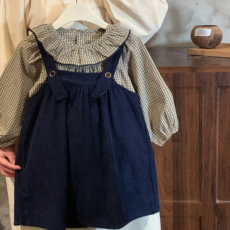 Dark Blue Corduroy Little Girls Jumper Dress Autumn Spring Suspender Toddler Corduroy Dresses With Plaid Blouse  2 To 8 Years