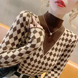 2024 Spring New Half High Necked Sweaters Women Fashion Westernization Contrasting Colors All-match Slim Top Lady Chic Pullovers