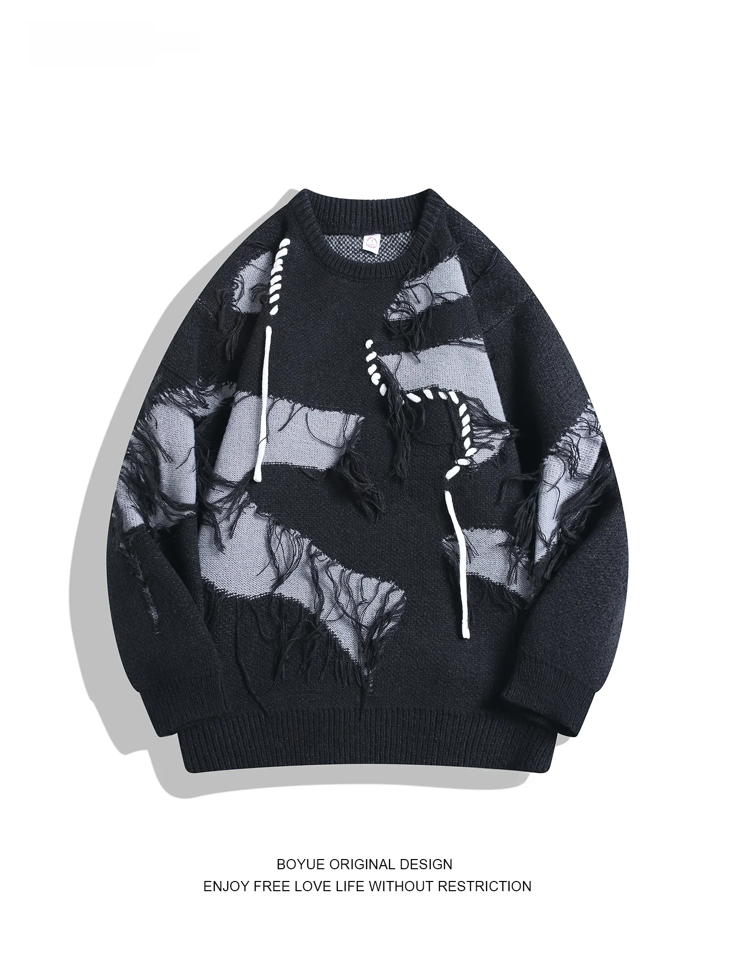 

Свитер Boyue в американском ретро-стиле с круглым вырезом, повседневный дизайн, с бахромой, для пар, свободный крой, длинный рукав, для мужчин и женщин