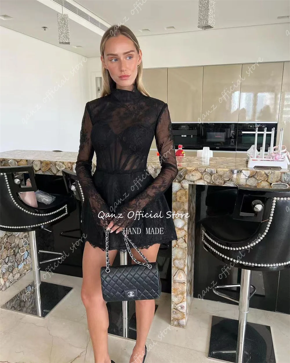 Qanz Black Sexy Prom Dresses High Neck Long Sleeves Mini Lace Appliques Party Gown Illusion Short Cocktail Dresses Customized