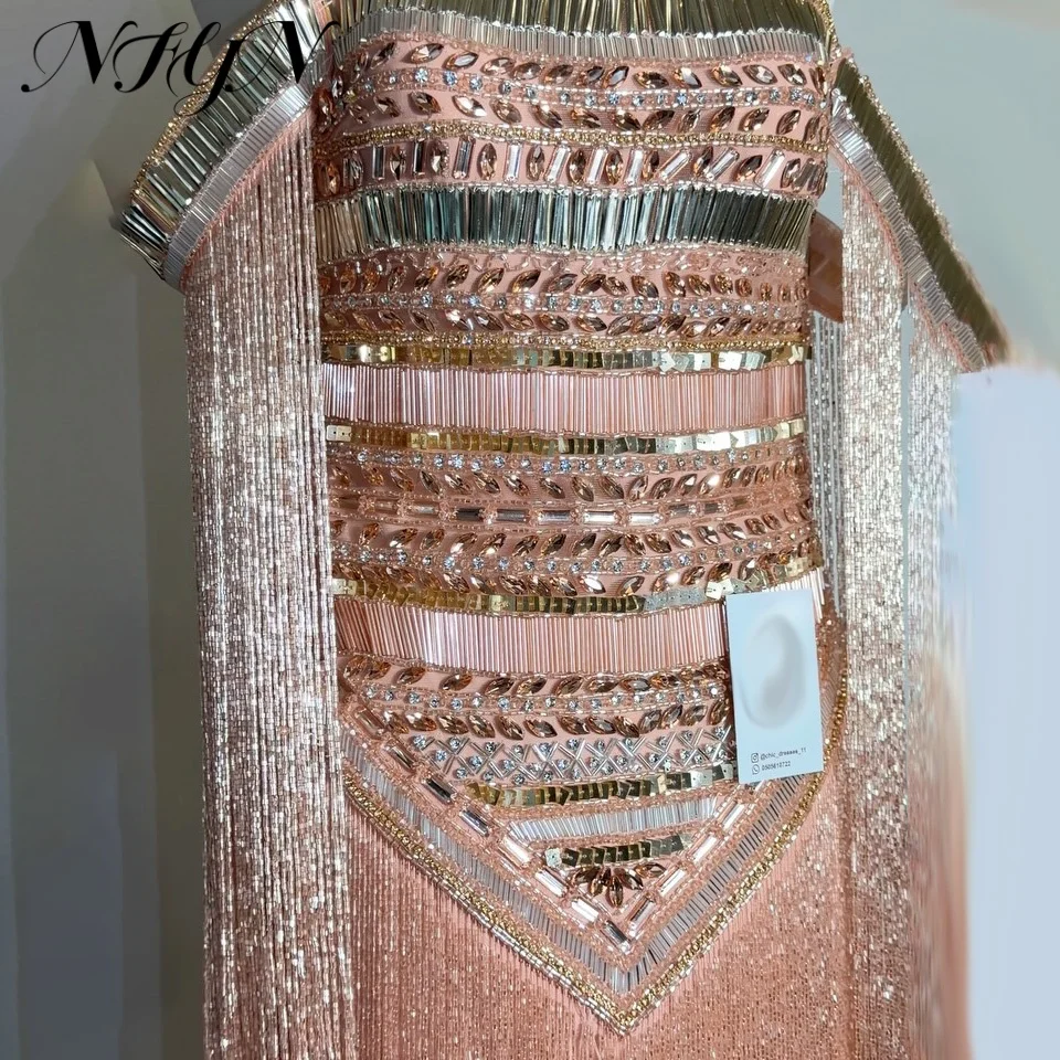 NFYN Rose Gold Off Shoulder Prom Gown Heavy Crystal Beaded Long Fringe Sleeve Shiny Mesh Evening Dress فساتين الحفلات Customized image 4