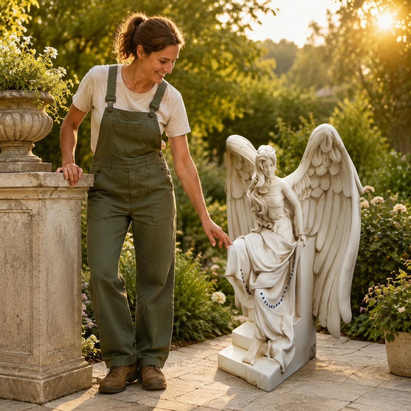 Seated Angel Figurine Feathered Wings White Angel Statue Home Decor Stepped Base Decorative Object Sculpted for Garden