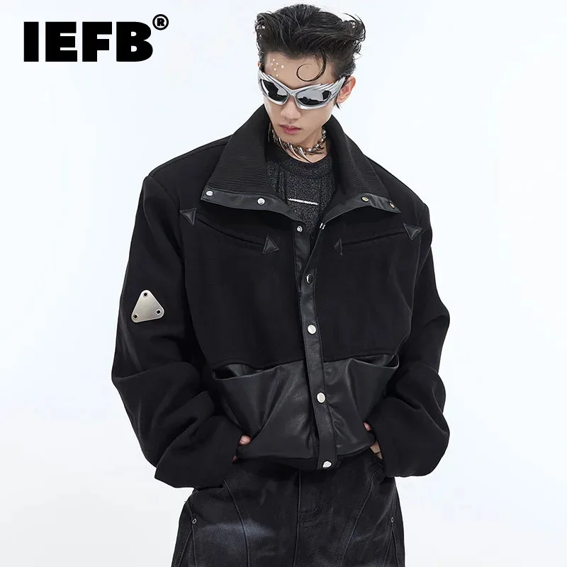 

IEFB Personalized Men's PU Leather Jackets Patchwork Shoulder Design Stand Collar Baggy Male Short Coats Autumn New Chic 9C4718