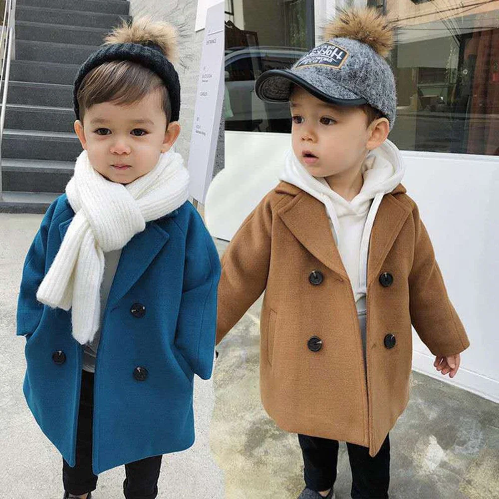 2-6-year-old Children\'s Korean Autumn and Winter Coat Wool Jacket Long Double Breasted Warm Flip Collar Pocket Jacket