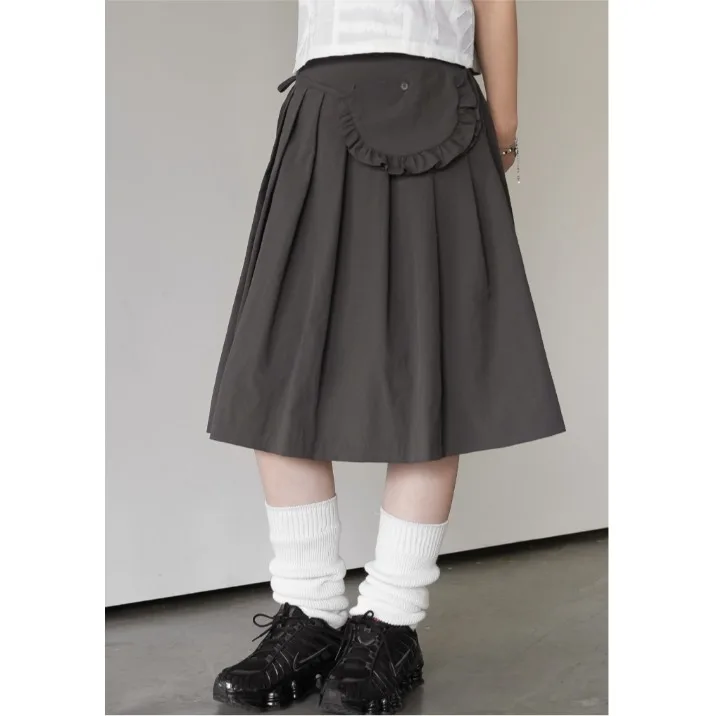 2025 Summer New Retro Japanese Lace Belted  Skirt Pure Color Two-Piece Set Polyester Fabric A-Line Skirt Korean Style