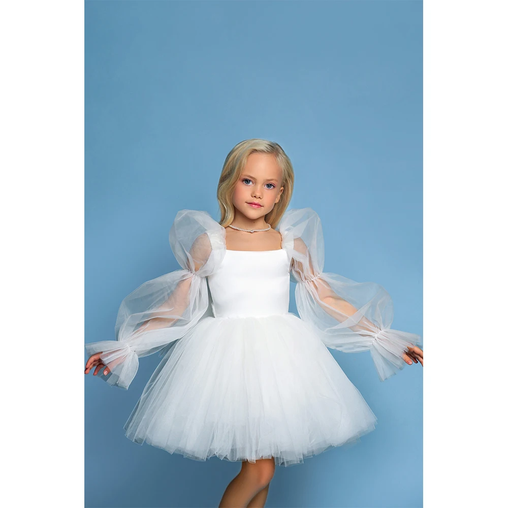 

White Puff Long Sleeve Flower Girl Dress Square Neck Tulle Kids' Dresses Ball Gown Festive Dress for Girl Wedding Birthday