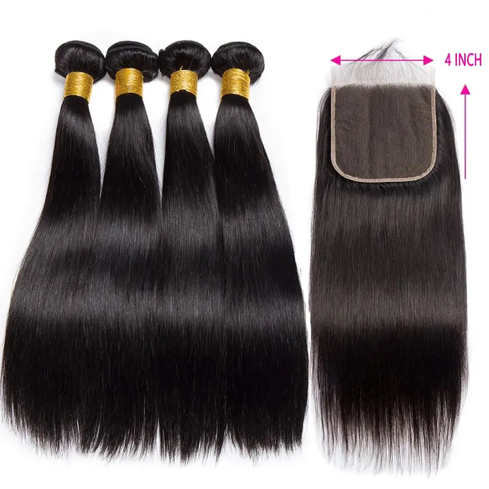 Brazilian Virgin Straight Hair Bundles With Closure 10A Straight Human Hair 3/4 Bundles with 4x4 Closure Natural Black Wholesale