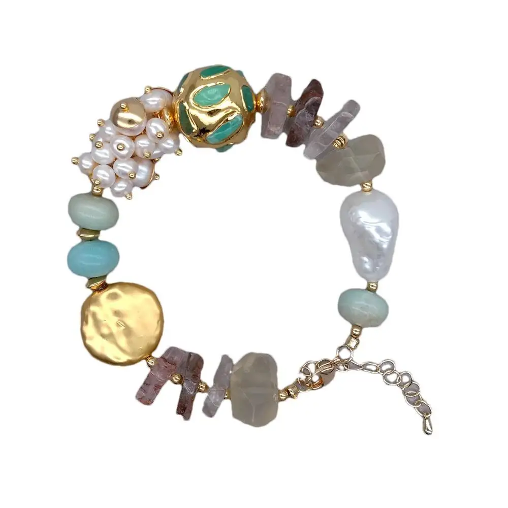

Y·YING Cultured White Pearl Amazonite Quartz Sea Shell Pearl Beaded Bracelet