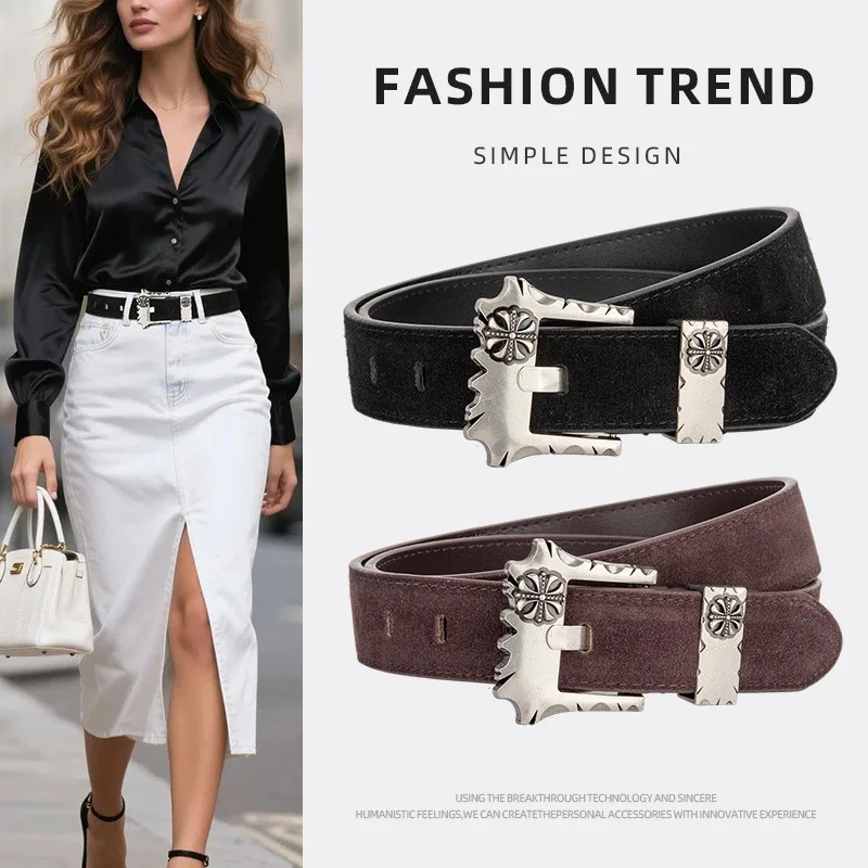 Cinturón de ante esmerilado estilo Punk a la moda, hebilla de aguja grabada para mujer, pantalones vaqueros decorativos, cinturón de diseñador de cuero genuino para mujer