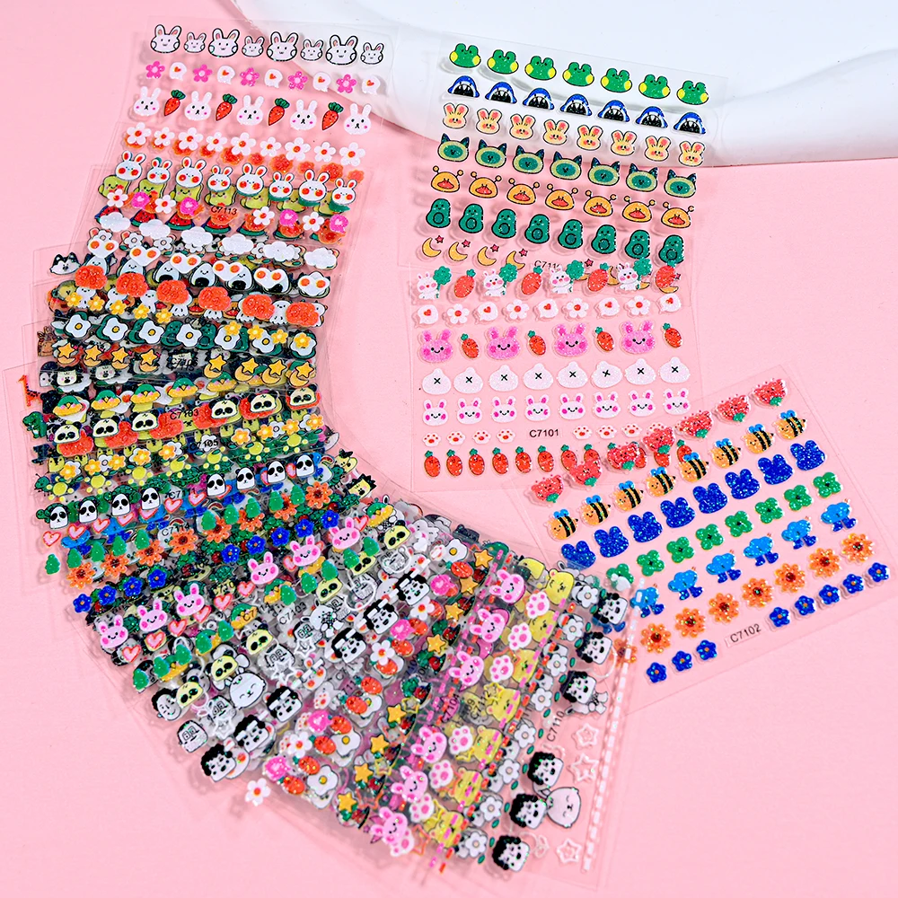 15pcs/set 3D Kawaii Cartoon Animal Glitter Nail Stickers Colorful Rabbit Self Adhesive Cute Cartoon Nail Decals for Children