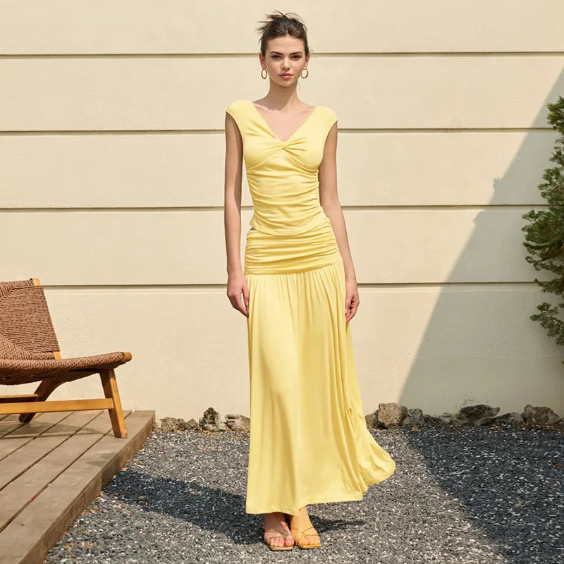 

Summer New Women's Pure Color V-ne Knot Top Pleated Long Skirt Set Casual Sportswear Ensemble Chinese Manufacturer