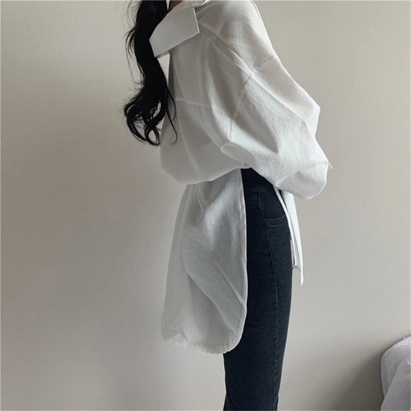 Woen Long Sleeve Lapel Button Down Blouse High Low Tie Waist Tunic Tops Shirts