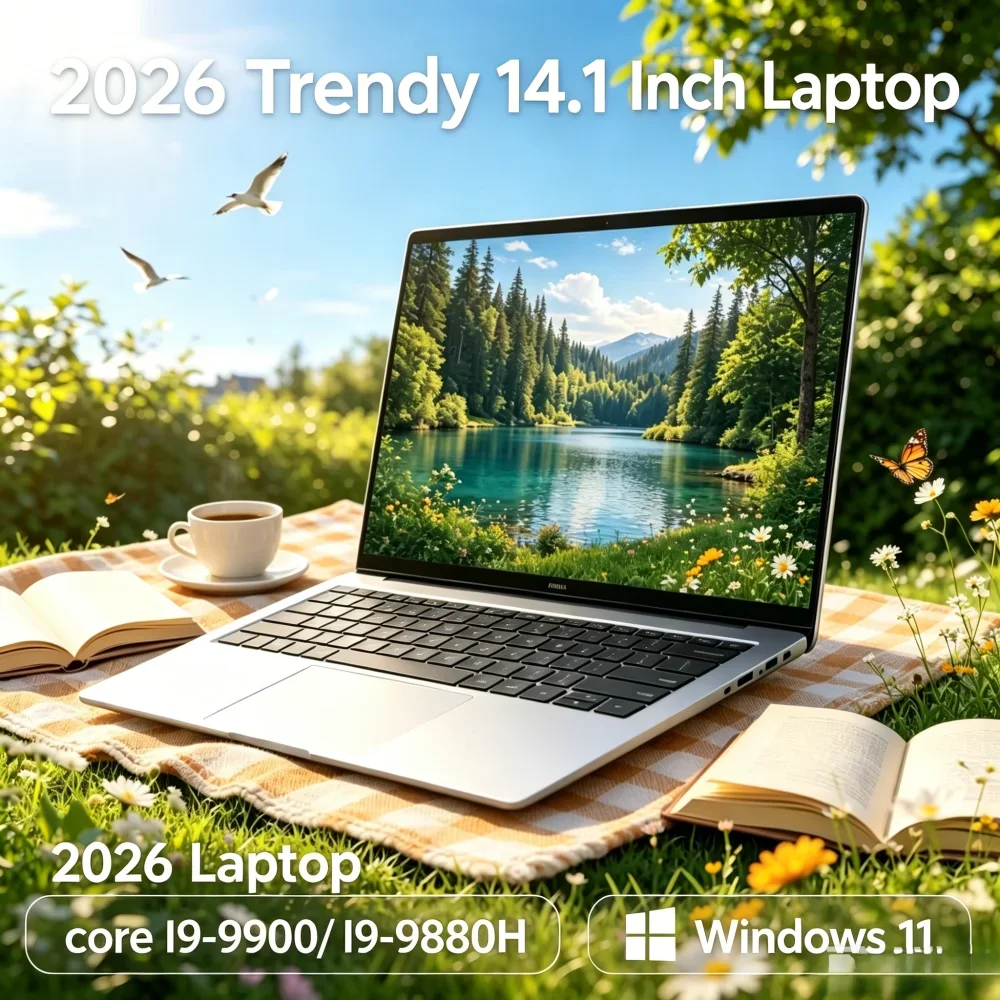 Новый ультратонкий ноутбук 2026 года, 14,1 дюйма, Windows 11, 16 ГБ/32 ГБ DDR4 ОЗУ, 2 ТБ SSD, портативный бизнес-ноутбук для офиса, Intel I9-9900