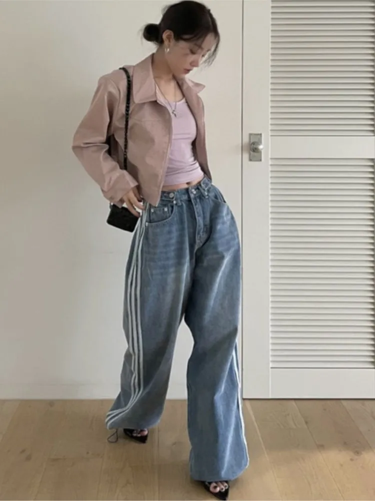 الجينز مخطط المرقعة طويلة الخريف واسعة الساق بانت المرأة فضفاضة مطوي الكورية نمط السيدات السراويل موضة السراويل امرأة غير رسمية