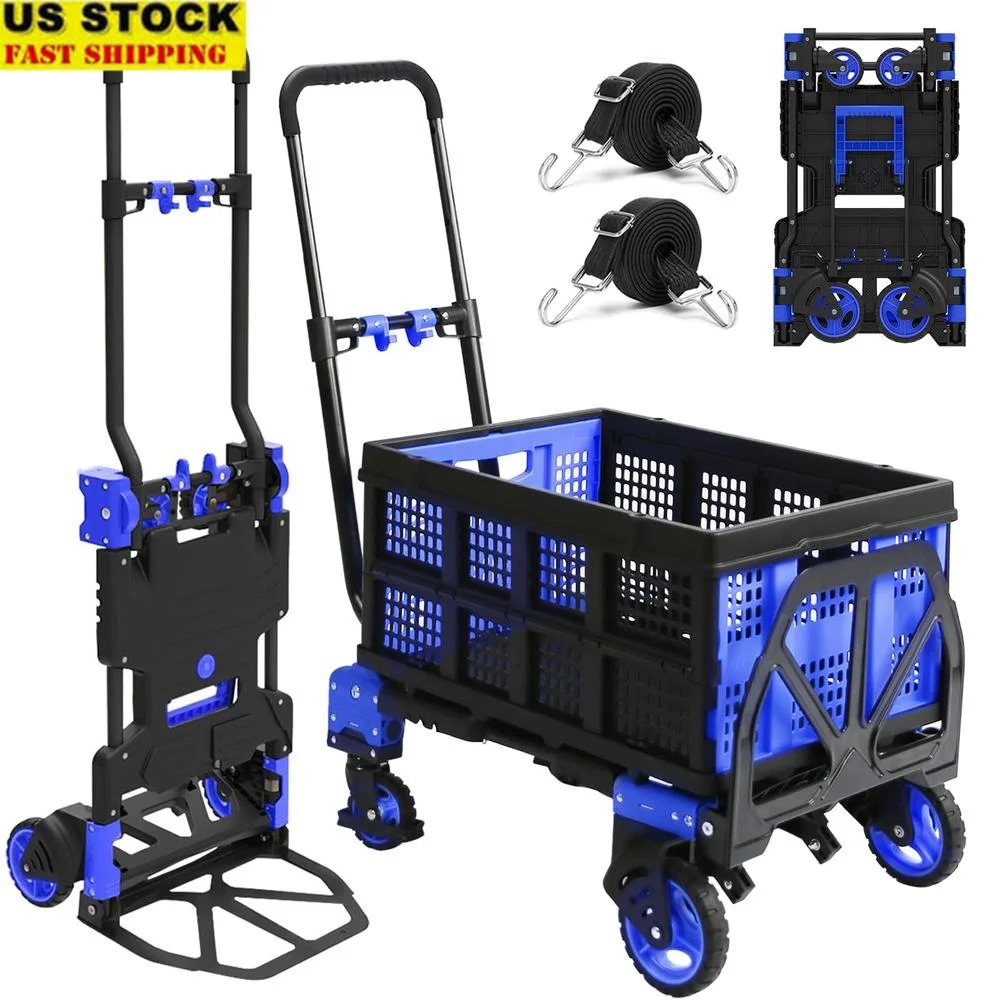 Folding Hand Truck Dolly 2 in 1 with Folding Basket 330lbs Capacity Telescoping Handle Rubber Wheels Dual Bearing Swivel