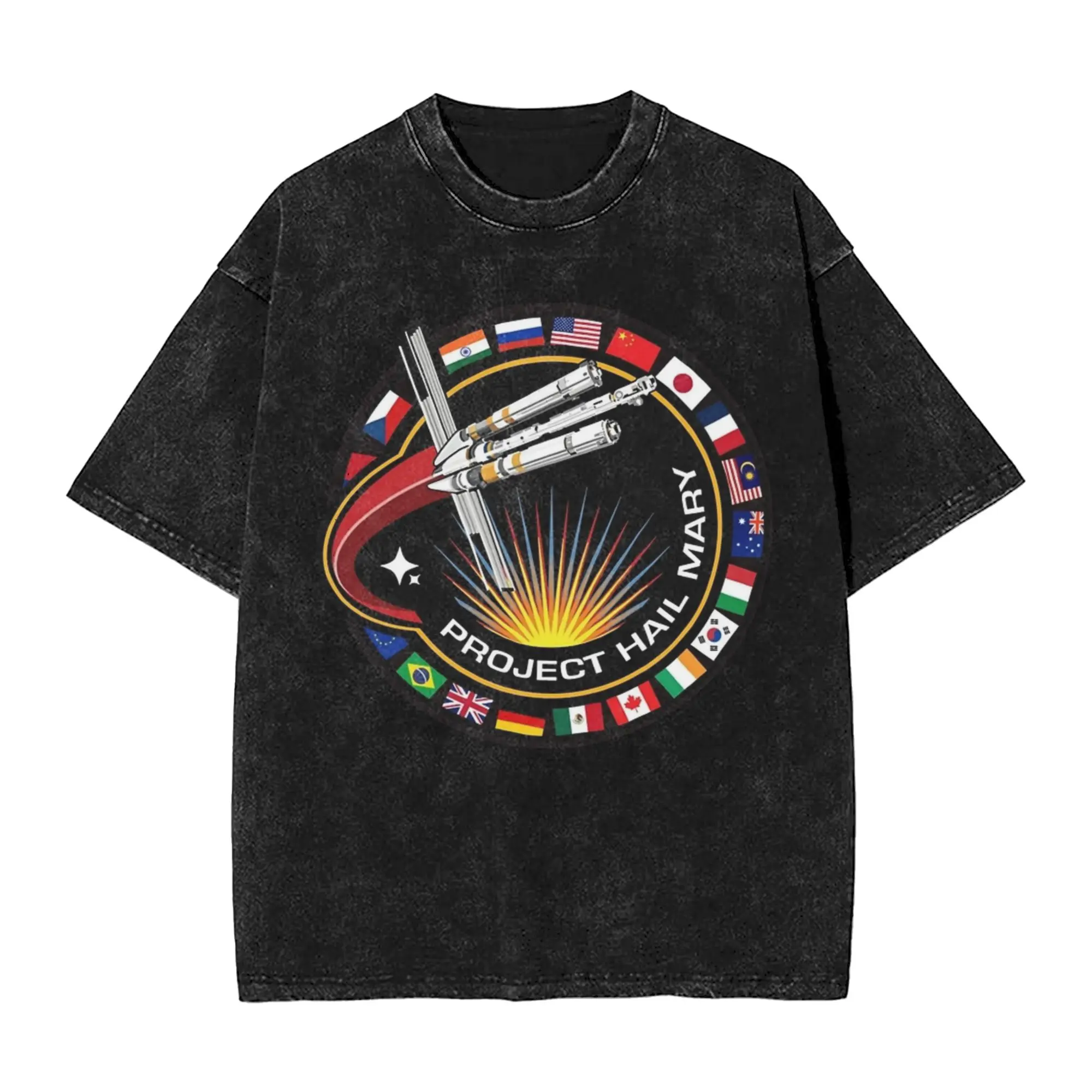 Project Hail Mary Mission Patch With Countries Washed T Shirts  T-Shirts Tees for Men Women Short Sleeve Graphic Printed
