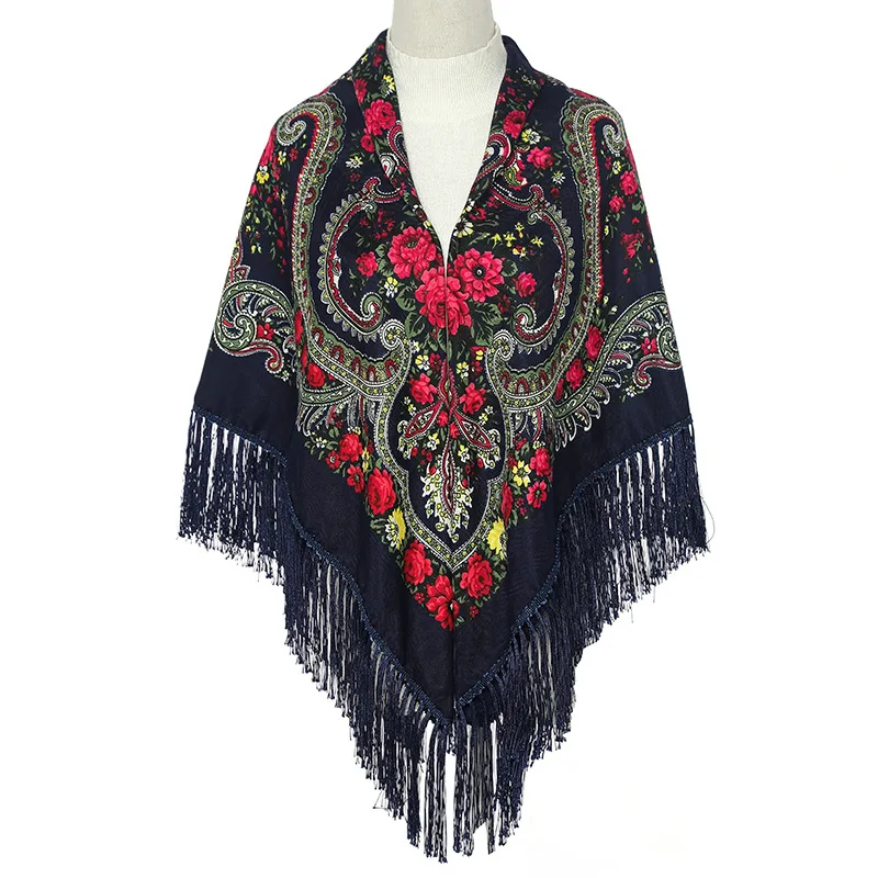 

130*130cm Women Russian Style Big Square Scarf Shawl Retro Fringed Cotton Print Scarves Hijab Wraps Ethnic Shawls Bandana