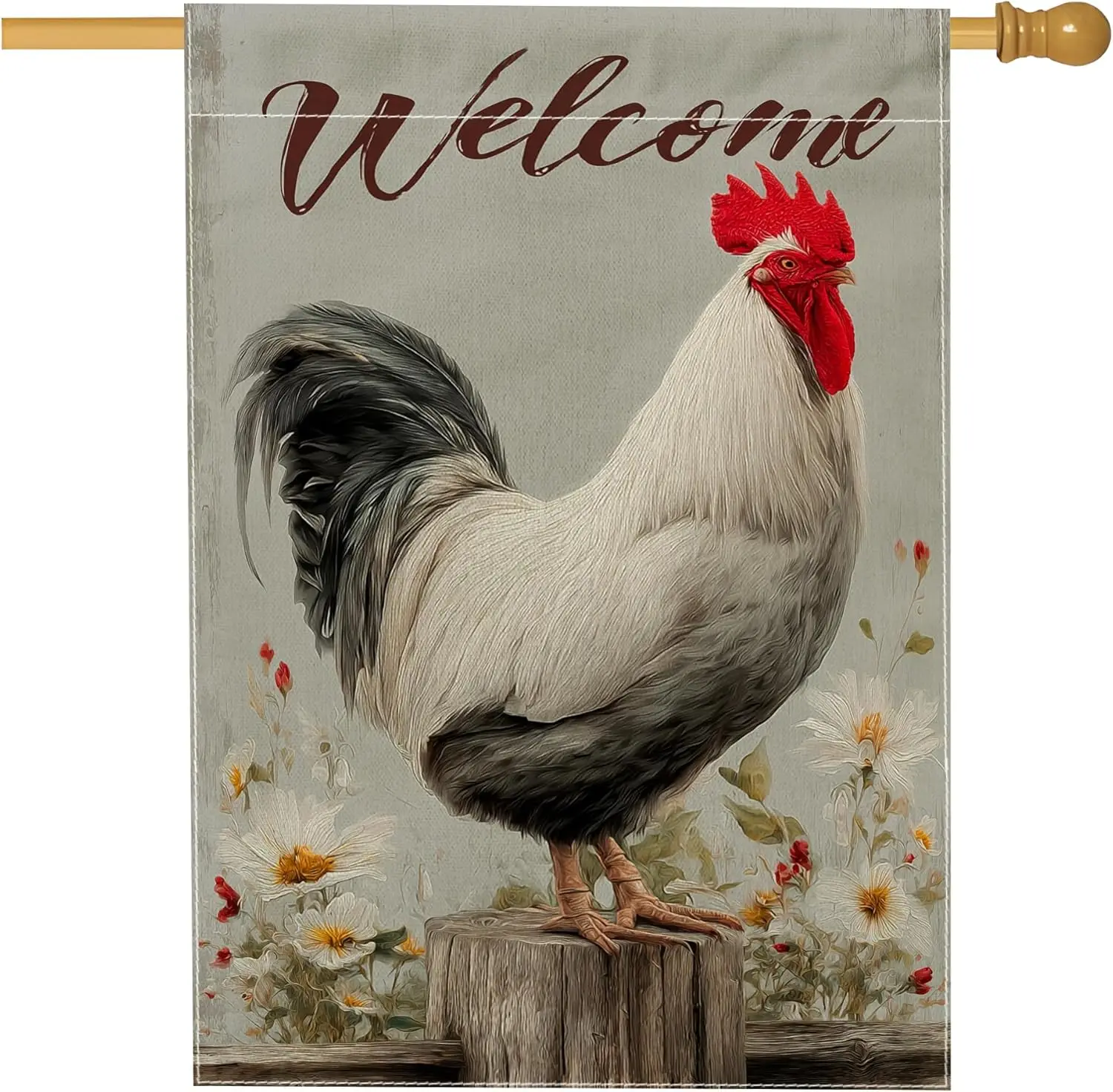 Rooster House Flag, Farmhouse Rustic Flowers Wooden Post Spring Gray Burlap Double Sided Outside Large Garden Flag for Outdo AAS