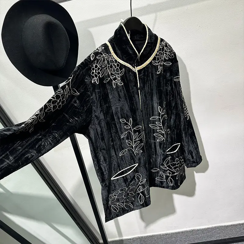 Designer Fashion Design Sense Chinese Velvet Embossed Embroidery Loose Lapel Shirt Avant-Garde Ruan Handsome Retro Top