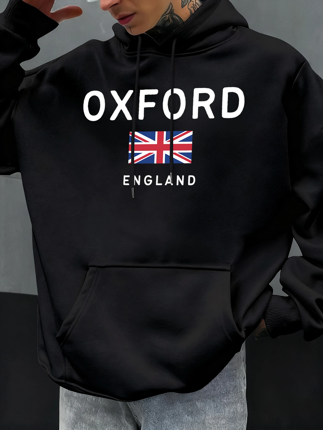 أكسفورد إنجلترا إلكتروني وعلم نمط الخريف الرجال هوديي الصوف الملابس عارضة لينة هودي المتضخم الذكور أزياء الشارع الشهير
