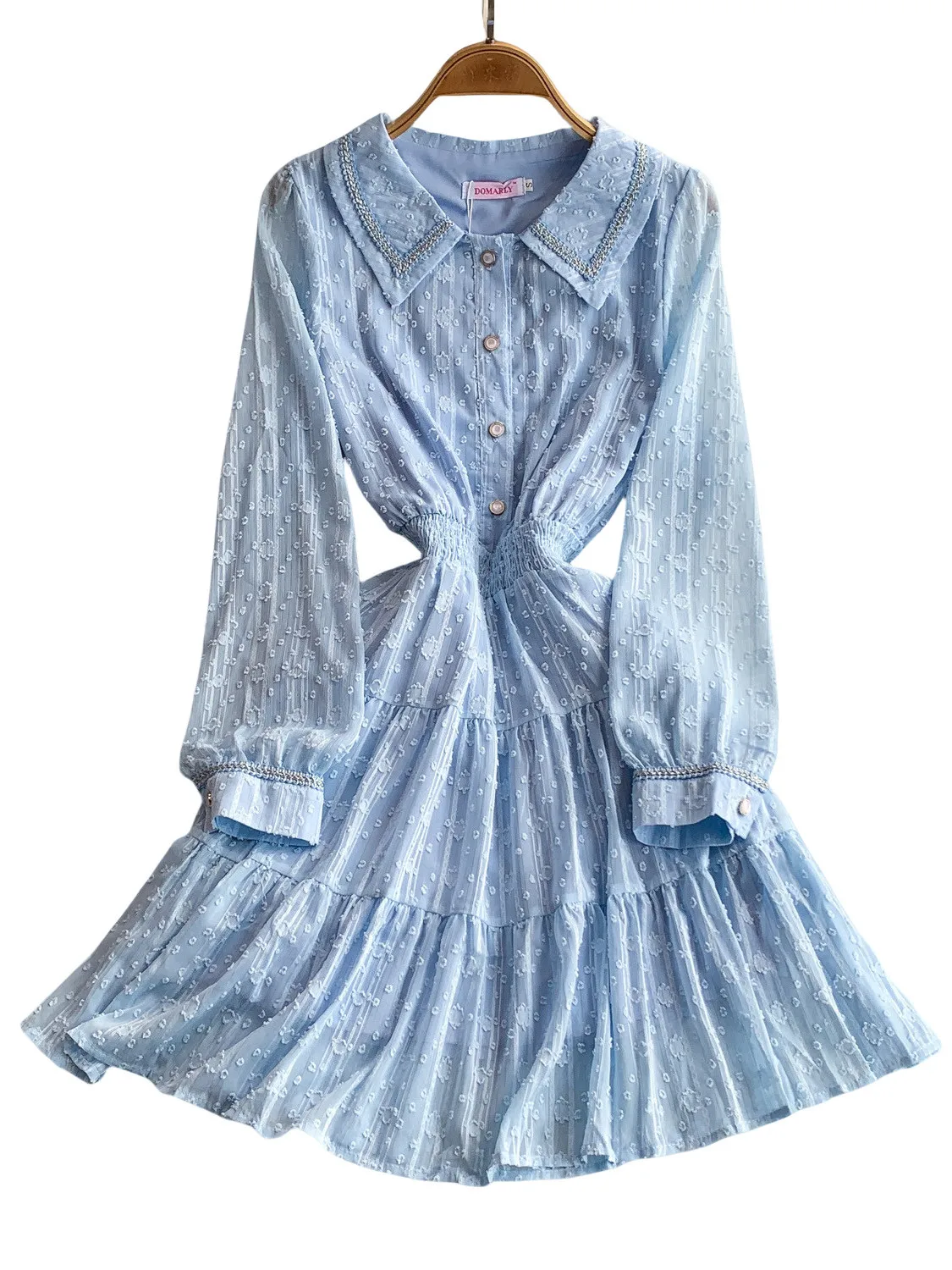 Ele Blue Doll Collar Dr Dames elastische taille geplooide halflange rok Zachte Sle Pure kleur Hoge taille Lange Sve