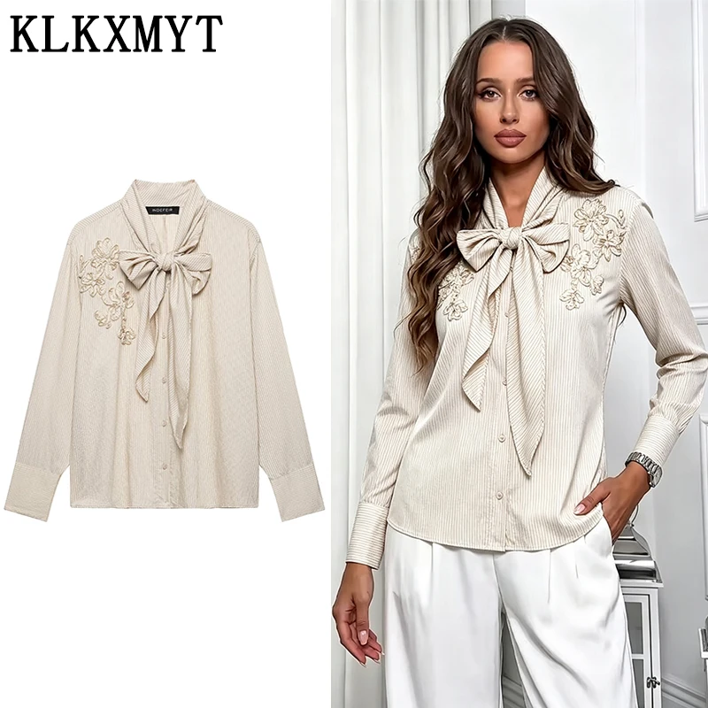 KLKXMYT Women's Fashion Stripe Shirt Bow Collar Long Sleeve Elegant Shirts Tops New 2026 Autumn High Street Casual Blouse Top