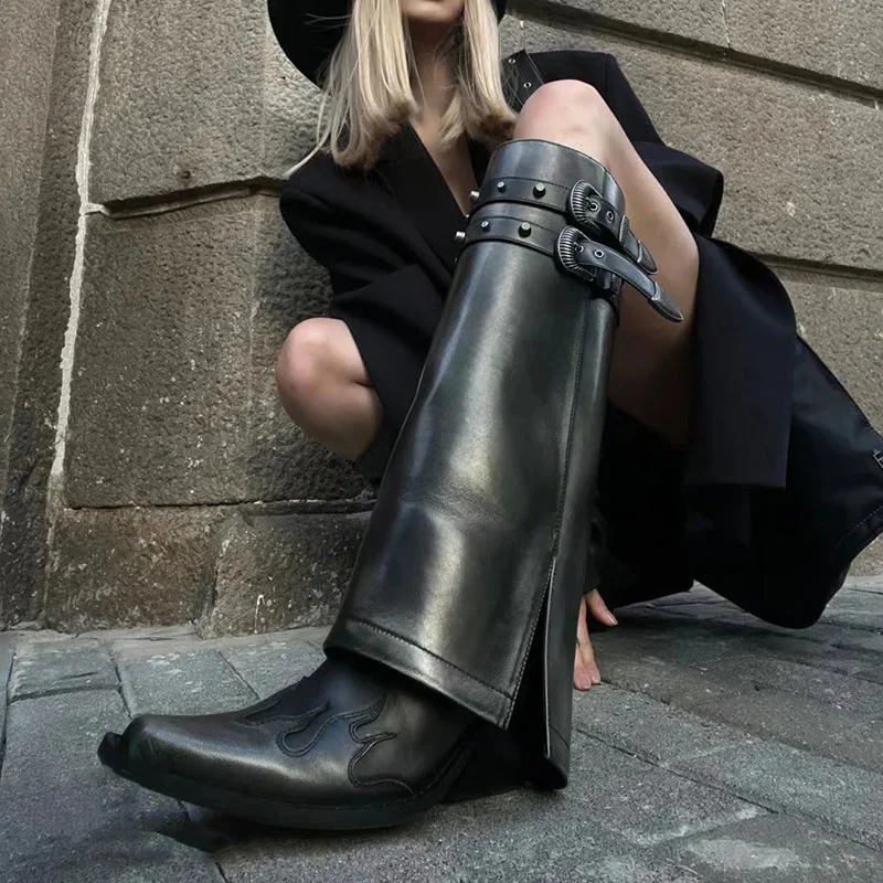 Classics Knee-High Boots Women Black 8CM Slip on Western Cowboy Boot Female Coarse Following Double Buckle Strap Decorative Shoe