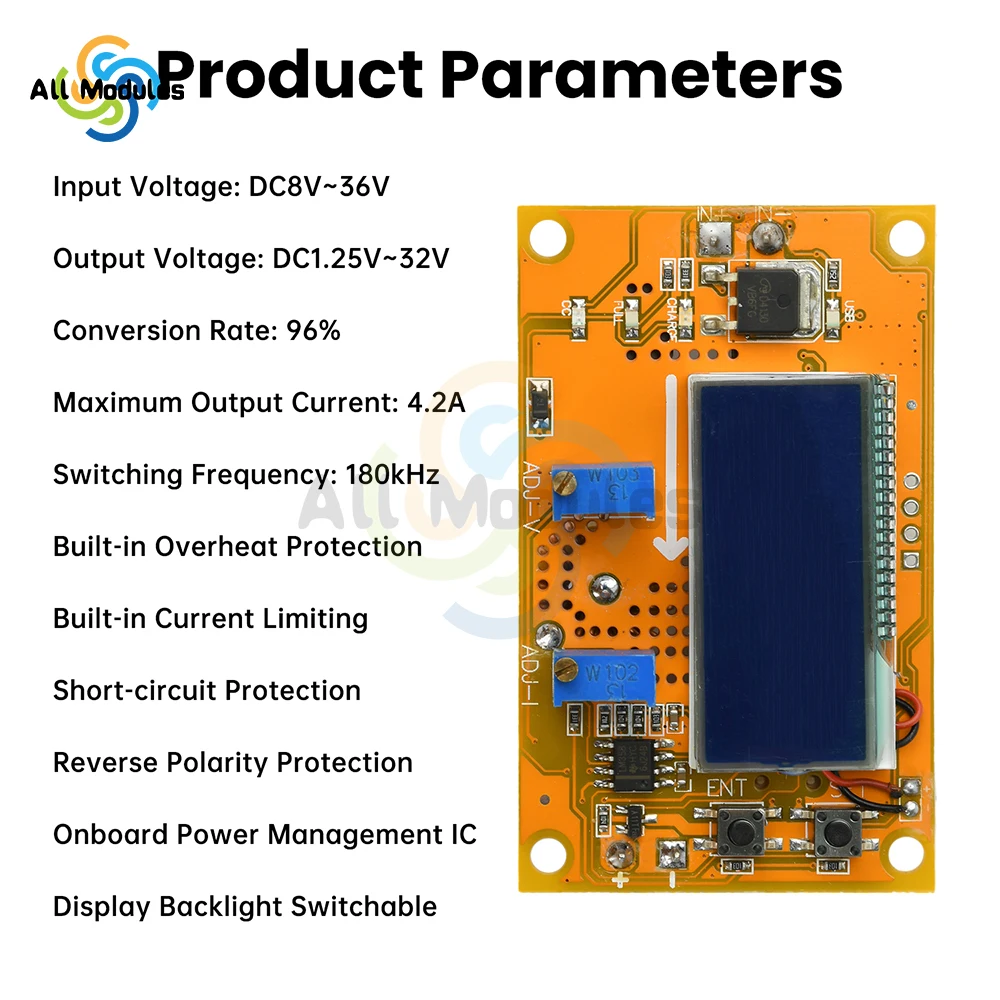 Регулируемый понижающий преобразователь высокой мощности 4,2 А, 8 В-36 В до 1,25 В-32 В, понижающий модуль, ЖК-дисплей для управления постоянным напряжением/током