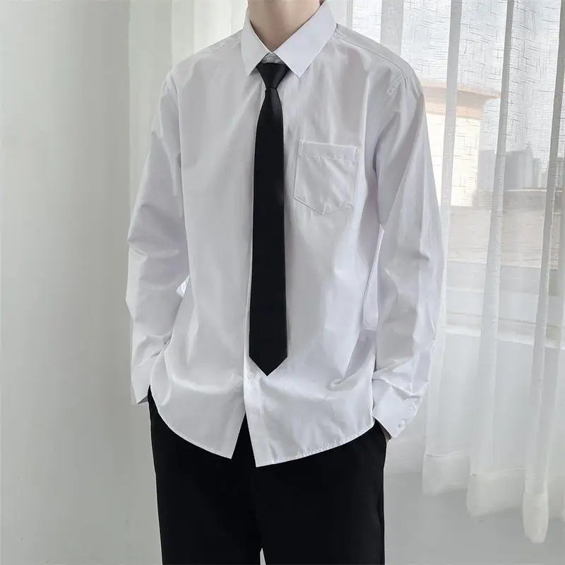 

White Long Sleeve Men's Shirt Loose Pure Color Tie Couple's Outfit Street Style Trendy Japanese Brand Summer Uniform Shirt