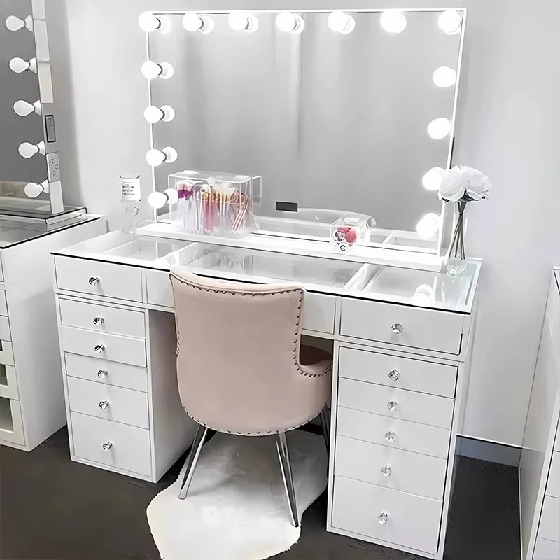 Light luxury white black wood glass dresser with 13 drawers, mirror with lamp, amazing bedroom makeup dresser