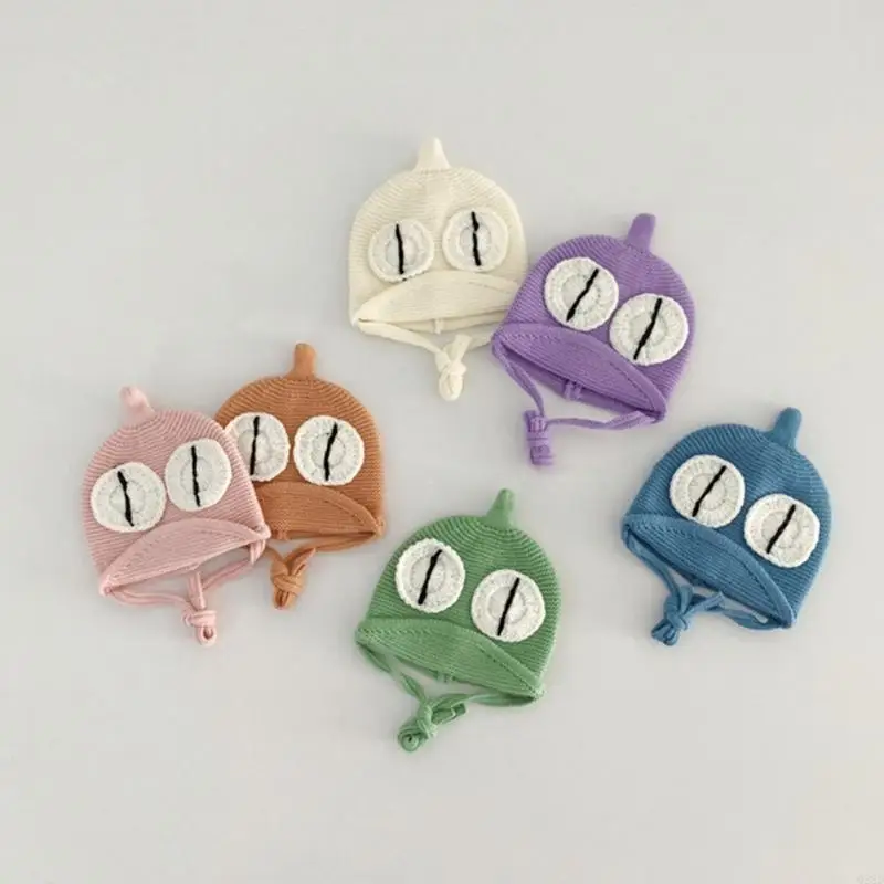 

Q22D Stylish Baby Knit Hat with Funny Big Eyes, Solid Beanie Cap Fashion Lace Up Bonnet for Daily Wear and Parties