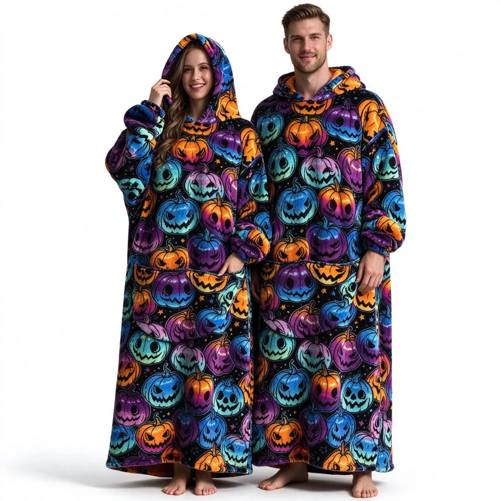 Flannel Wearable Blanket Hoodie Winter Oversized Sweatshirt Blanket Cartoon Homewear With Big Pocket Men Women Couple Blanket