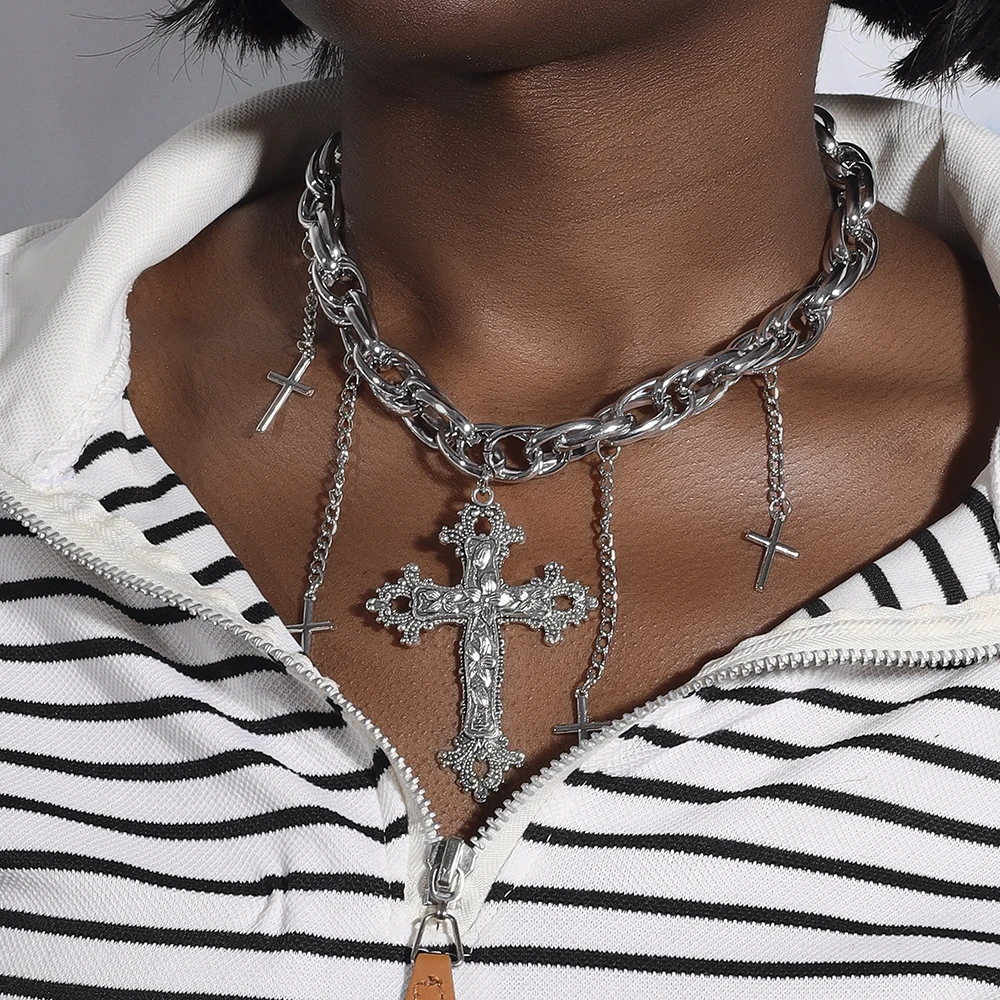 Aihua Goth Streetwear Grunge Big Cross Pendants Necklaces for Women Men Neck Chain Indie Jewelry On The Neck E Girl Choker